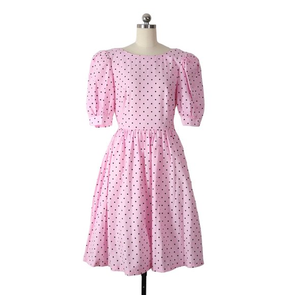Vintage Dresses & Skirts - vintage 80s pink polka dot full skirt party dress S puff sleeve princess pin-up